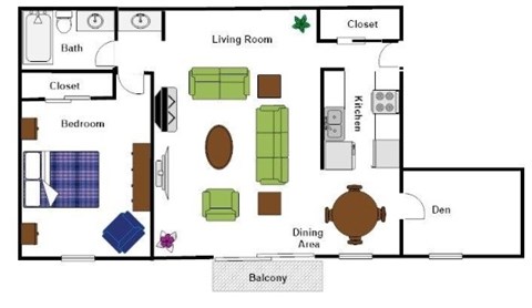 Floor plan for 1 bed, 1 bath, 902 sqft